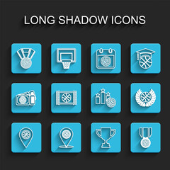 Set line Location with basketball ball, Basketball medal, Award cup, game video, and Sports winner podium icon. Vector