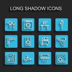 Set line House intercom system, Angle grinder, Electric drill machine, Air conditioner, Gas stove, Stereo speaker, industrial dryer and compressor icon. Vector