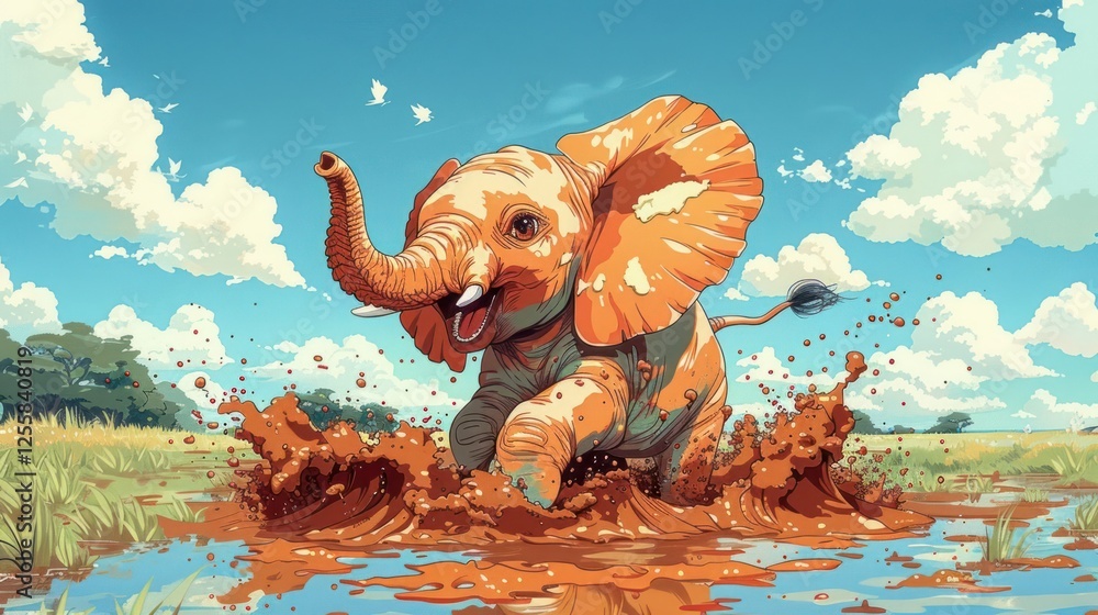 Poster an animated elephant joyfully splashes in a muddy puddle under a bright sky.