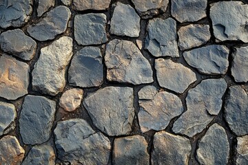 Obraz premium A close-up view of a rustic stone wall, showcasing irregular shaped, dark gray and brown stones fitted tightly together.