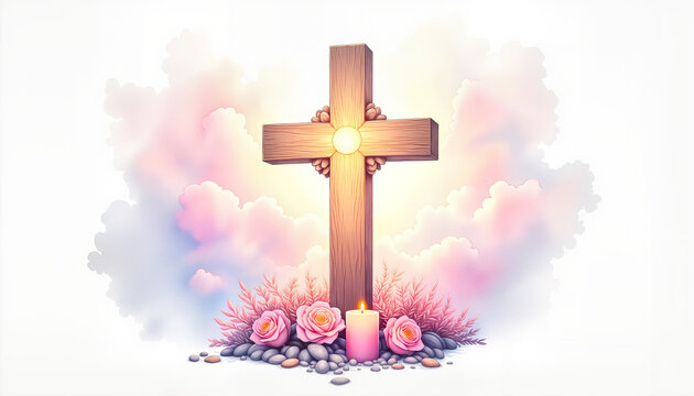Hand-carved wooden cross with candlelight in pink pastel tones, spiritual reflection