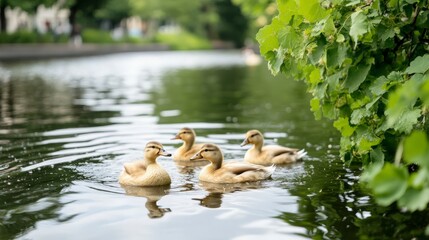 Four Ducklings Swimming Together in Calm Water Surrounded by Greenery