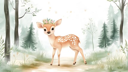 Adorable fawn with flower crown stands in watercolor forest