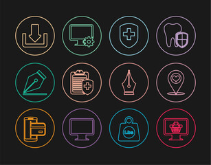 Set line Monitor with shopping basket, Map pointer heart, Medical shield cross, Clipboard medical insurance, Fountain pen nib, Download, and Computer monitor and gear icon. Vector