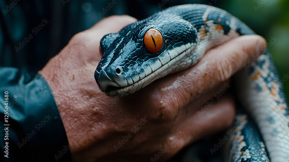 Poster hand holding a snake and tulip in an amazon rainforest setting