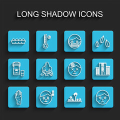 Set line Hand with psoriasis or eczema, Fatigue, Chicken egg in box, Mold, Inflammation on face, Runny nose, Medical hospital building and Man having headache icon. Vector