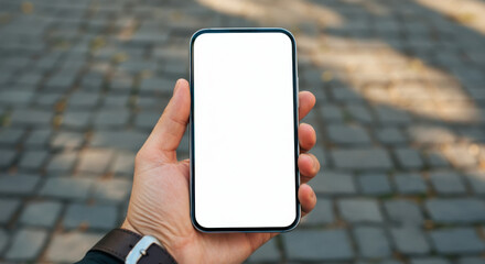 Hand holding a smartphone mockup with a blank screen for design purposes