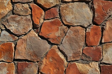 Obraz premium Irregularly shaped, reddish-brown and grey stones form a rustic stone wall.