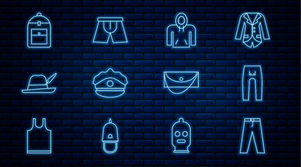 Set line Pants, Hoodie, Police cap with cockade, Oktoberfest hat, Backpack, Clutch bag and Men underpants icon. Vector
