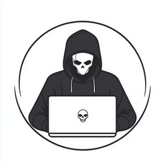 Hacker in Black Hoodie Flat Vector Icon on Laptop with Cyber Skull Background