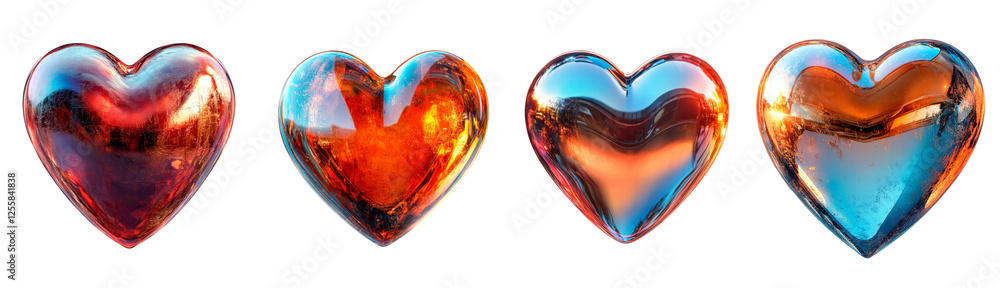 Poster set of shiny heart shape with reflective surface isolated on transparent background
