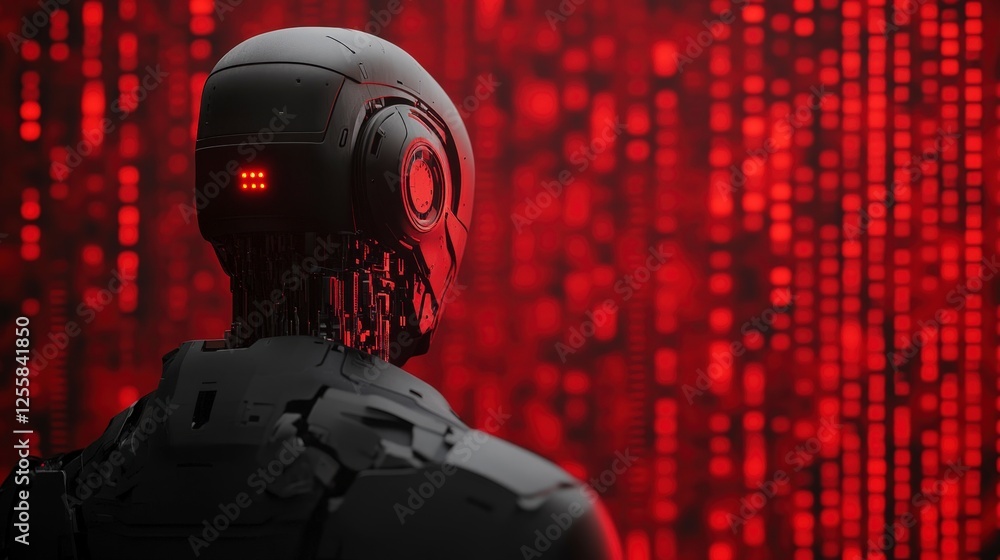 Aufkleber futuristic robot facing binary code in a red cyber environment