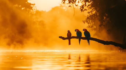 Two colorful birds perched on a branch surrounded by lush tropical foliage in the amazon rainforest