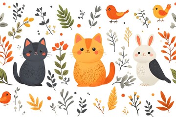 Naklejka premium Cute cats, birds, and a bunny surrounded by autumnal foliage.