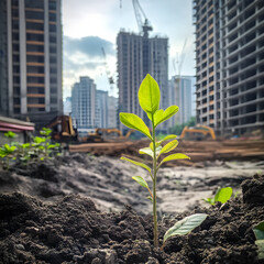 New plant growth amid urban construction. On white background