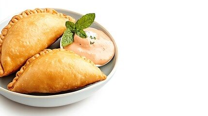 Delicious Venezuelan Cuisine Featuring Empanadas and Dipping Sauce on a Clean White Background