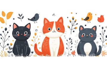 Obraz premium Cute Cats and Birds in a Floral Setting