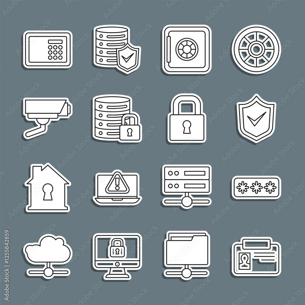 Poster set line identification badge, password protection, shield with check mark, safe, server security lo