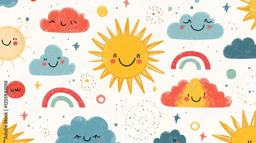 Poster smiling sun and clouds pattern: a cheerful and whimsical pattern featuring smiling suns and clouds w