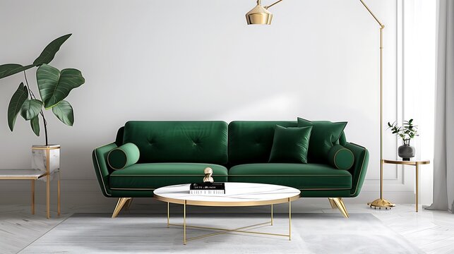 A luxurious contemporary living room with a velvet emerald green sofa, marble coffee table, and gold accent lighting for a sophisticated look.