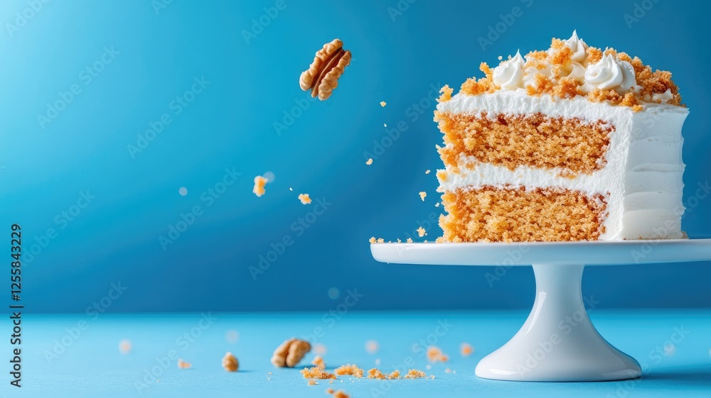 Poster slice of two-layer carrot cake on stand with walnuts against blue background