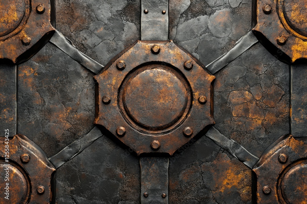Fototapete rusty metallic texture with circular and geometric patterns, showing age and wear.