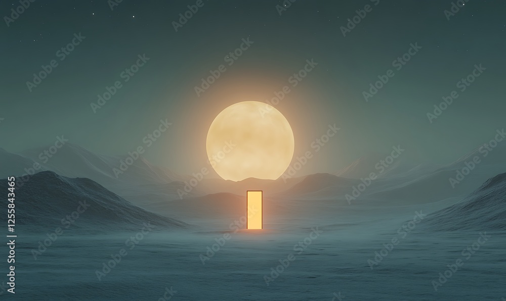 Aufkleber a surreal landscape featuring a large, glowing moon and a doorway, creating an enchanting atmosphere