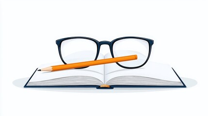 Open Book with Glasses and Pencil on a Clean Surface for Study and Education Concepts