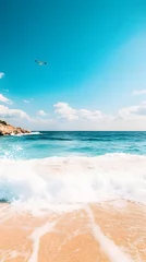 Gordijnen Breathtaking coastal scene with seagulls soaring over crystal clear turquoise waters and a pristine sandy beach against a backdrop of a vibrant azure sky © Bos Amico