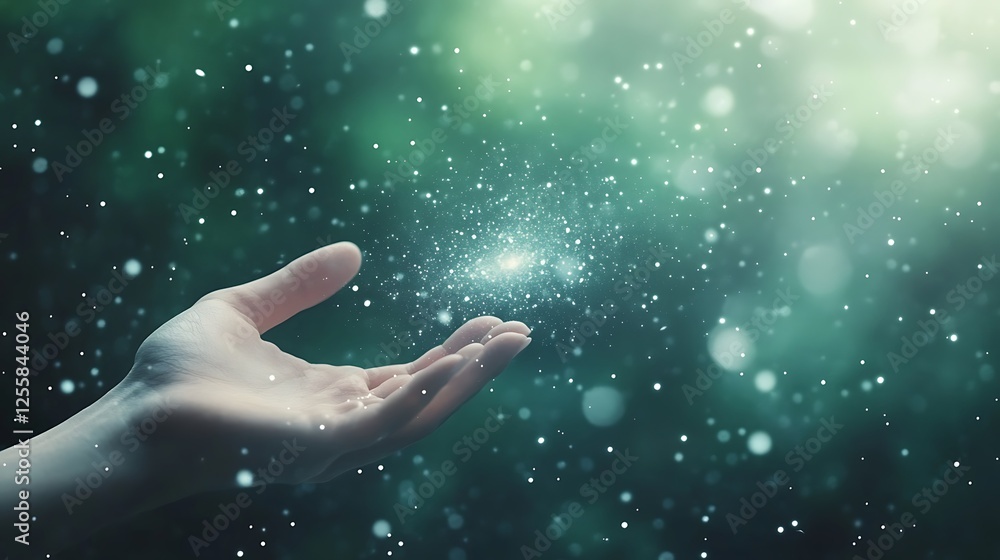 Aufkleber a hand reaches out, surrounded by sparkling particles, suggesting a sense of wonder and connection w