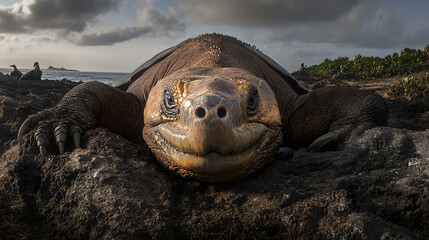 Large turtle resting on a rock at the beach in the galapagos islands wildlife scenery