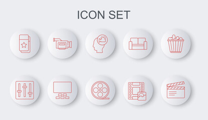 Set line Movie clapper, Sound mixer controller, Head with camera, Play Video, Cinema ticket, auditorium seats and Film reel icon. Vector