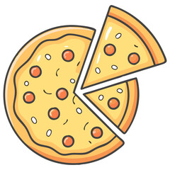 Vector Illustration of Pizza Slice and Whole, A colorful vector illustration of a pizza with pepperoni, featuring a slice cut from the whole pizza.
