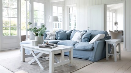 A spacious coastal-themed living room with a soft blue linen sofa, whitewashed wooden furniture, and large windows letting in natural sunlight.