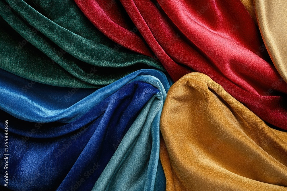 Poster luxurious velvet fabrics in various rich colors arranged in a swirling pattern.