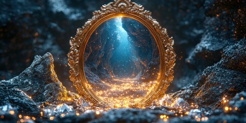 Obraz premium Mystical Golden Gateway: A Digital Art of Fantasy Portal