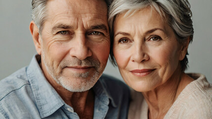 Close-Up portrait of a senior couple smiling with love and affection.