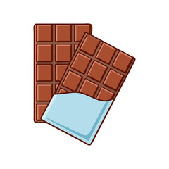 Two chocolate bars, one partially unwrapped vector, Flat vector illustration of two chocolate bars, one fully wrapped and the other partially unwrapped with a blue wrapper. Simple cartoon design.  
