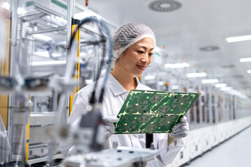 Japanese engineer expert checking quality of electronics product in factory production line.