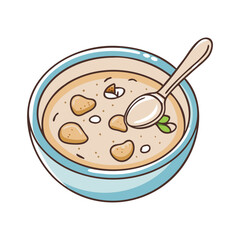 Bowl of Soup with Spoon and Herbs Illustration, A detailed vector illustration of a bowl of creamy soup with a spoon and fresh herbs, ideal for comfort food themes.
