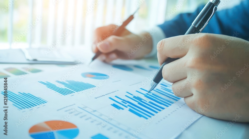 Poster analyzing financial data: man reviewing charts and graphs with pens