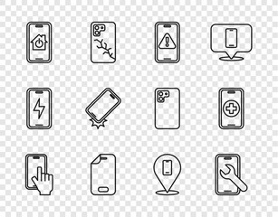 Set line Phone repair service, Mobile, with exclamation mark, Glass screen protector, smart home, Shockproof phone, and icon. Vector