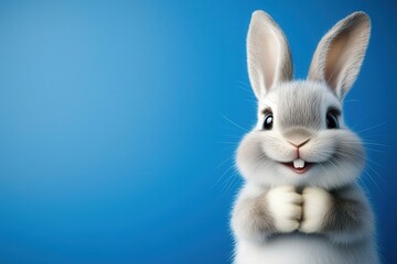 Fototapeta premium happy easter and bunny decoration. Cute fluffy rabbit with a playful expression against a blue background.