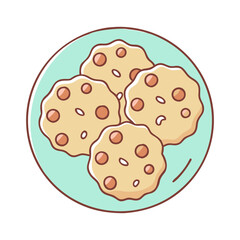 Chocolate Chip Cookies on a Plate Illustration, A colorful vector illustration of chocolate chip cookies arranged on a plate, ready to enjoy as a sweet treat.

