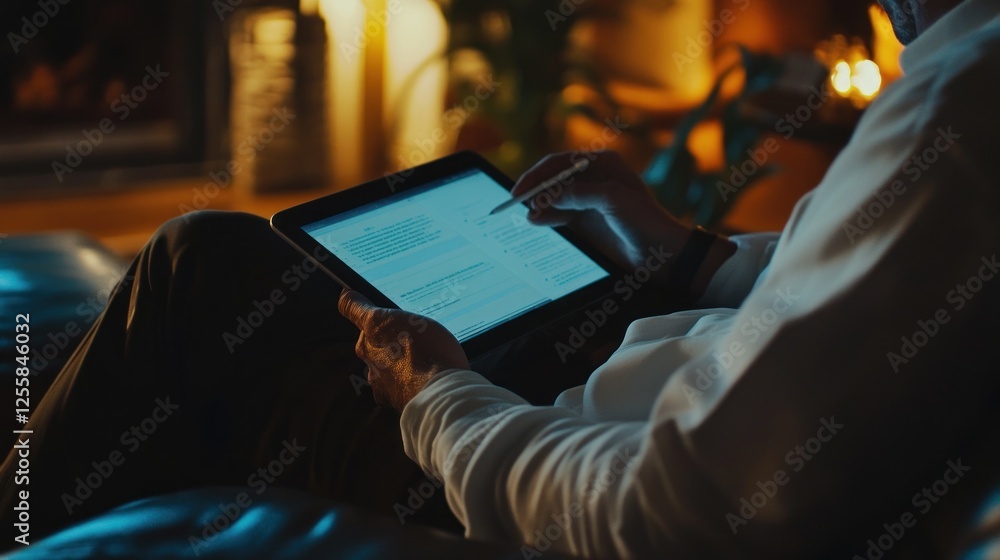 Poster man using tablet with stylus pen relaxing on couch at home in evening