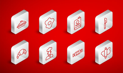 Set line Rolling pin on dough, Scrambled eggs, Cookbook, Knife, Candy, Homemade pie, and Croissant icon. Vector