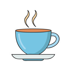 Hot Cup of Coffee with Steam Illustration, A simple and vibrant vector illustration of a blue cup filled with hot coffee, with steam rising.
