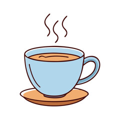 Hot Cup of Coffee with Steam Illustration, A simple and vibrant vector illustration of a blue cup filled with hot coffee, with steam rising.
