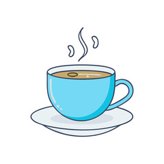 Hot Cup of Coffee with Steam Illustration, A simple and vibrant vector illustration of a blue cup filled with hot coffee, with steam rising.
