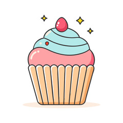 Cupcake with Pink and Blue Frosting Illustration, A cute vector illustration of a cupcake topped with pink and blue frosting, finished with a red cherry and sparkles.
